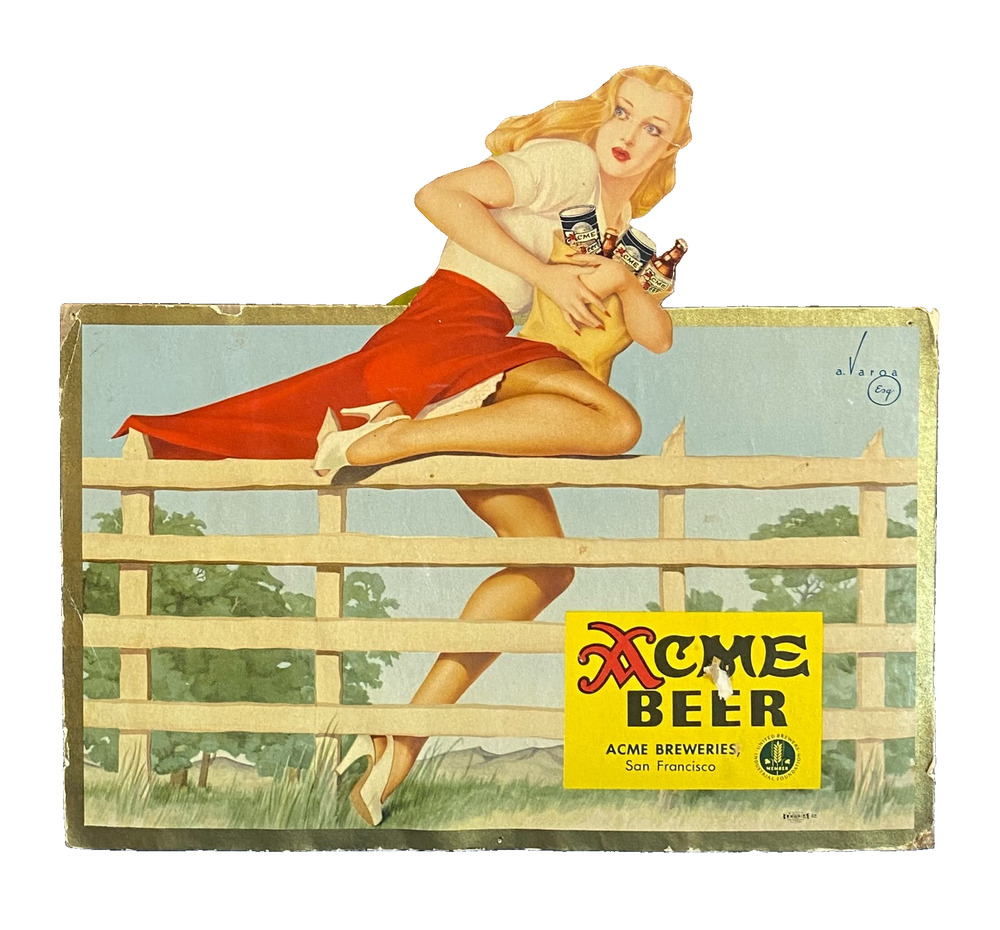 Vintage Alberto Vargas ACME Beer Pin-up Girl Die Cut Cardboard Advertising Sign